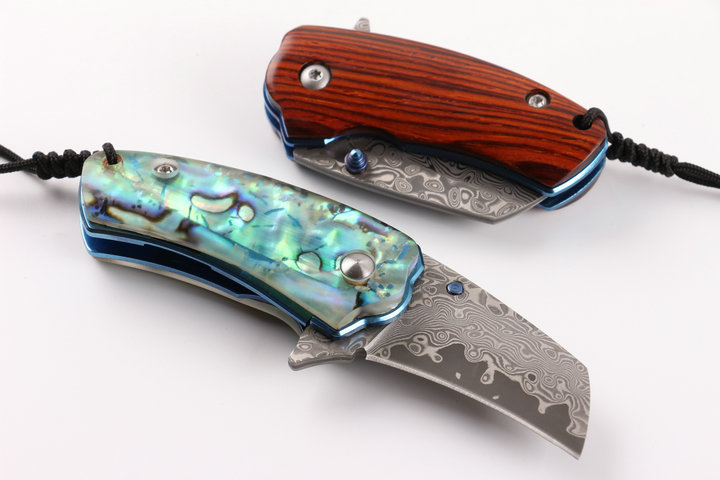 Damascus Little brother wood and abalone handle material folding pcoket knife UD404942